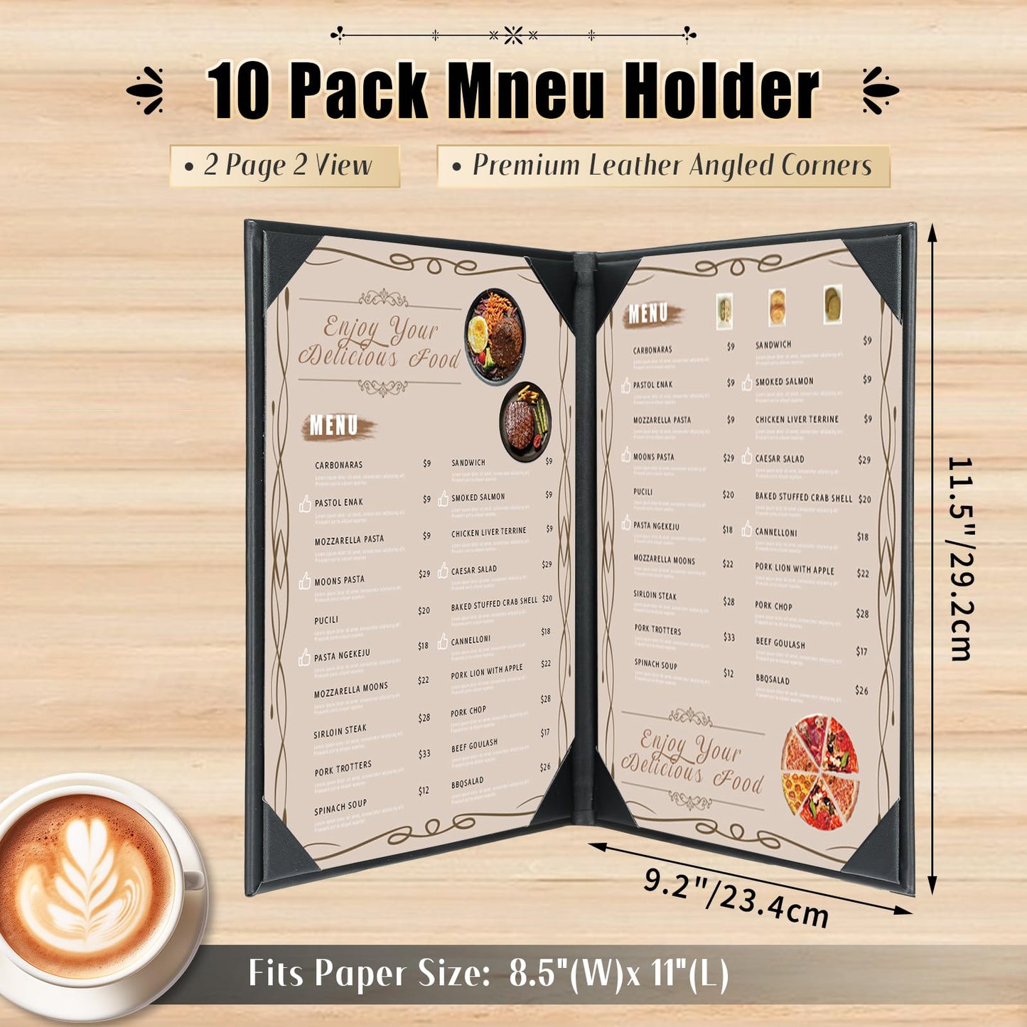 FLKQC Restaurant Menu Covers Holders 8.5 X 11, 10 Pack Synthetic Leather Menu Holder Covers Book Style with Angled Corners Black for Wine List, Certificate Organizer Diploma Holder (2 Page 2 View)