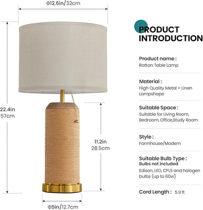 Modern Rattan Table Lamps Set of 2-22.4" Boho Nightstand Bedside Lamp for Bedroom Living Room Vintage End Table Lamps