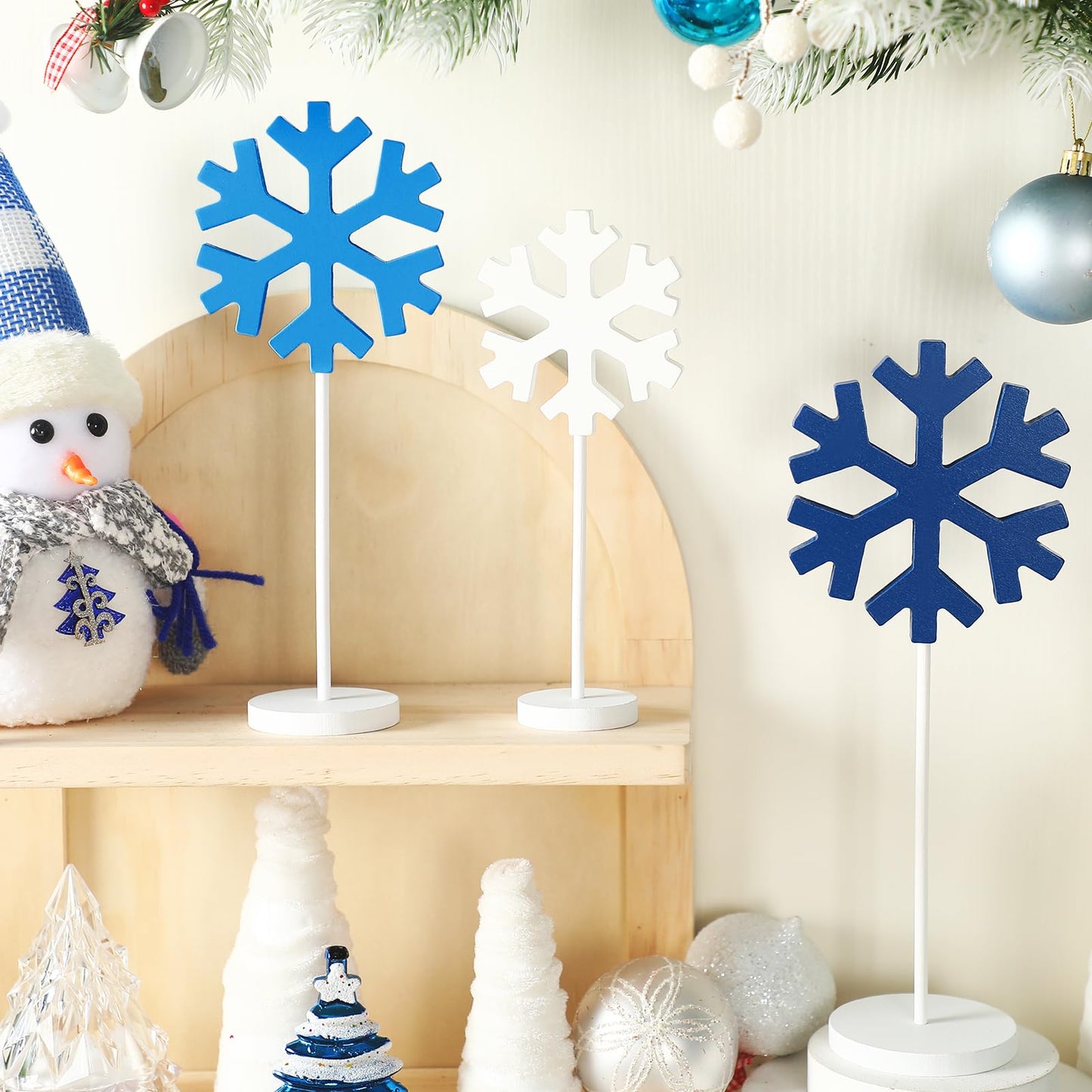 Spiareal 3 Pcs Standing Wooden Snowflakes Block Tabletop Decor Wood Snowflake Centerpiece Ornaments Rustic Home Decor for Winter(Dark Blue, Light Blue, White)