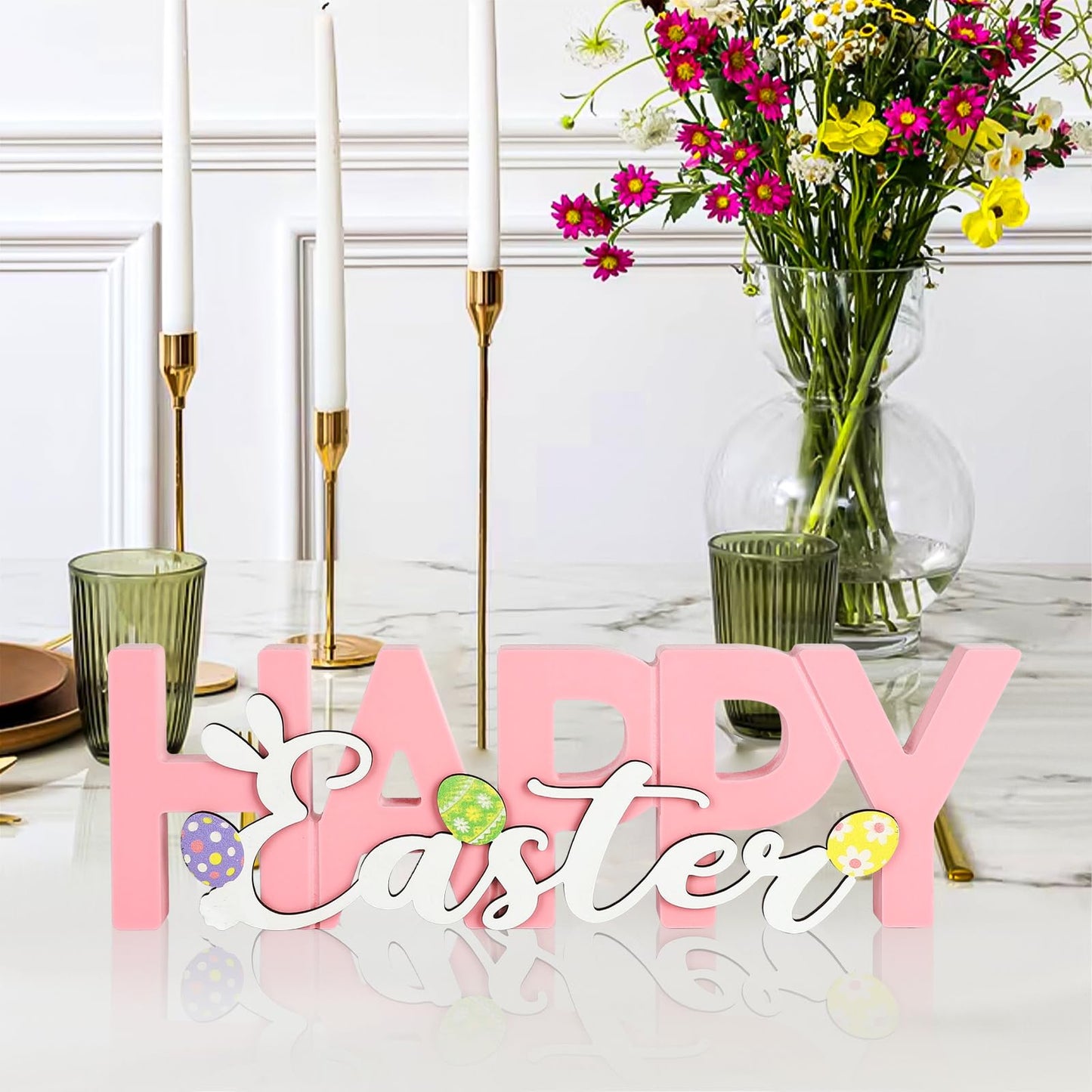 COCHIE Wooden Happy Easter Sign, Spring Decorations for Home, Office, Shelf, Mantel, Indoor, Wood Bunny Ear Egg Decor, Pink Spring Table Top Party Supplies Decoration (Easter)
