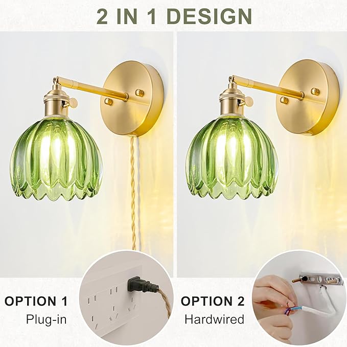 Plug in Wall Sconces Set of 2, Vintage Wall Sconce Light with Tulip Green Glass Lampshade, 180° Adjustable Wall Sconce with Switch and Plug in wall lamp Cord, Gold Wall Light Wall Decor Set of 2