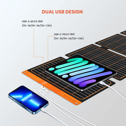 FlexSolar 40W Foldable Solar Panel Chargers 18W USB-A USB-C Portable Power Emergency ETFE Monocrystalline Small Panels IP67 Waterproof Camping Hiking Backpacking for Phones Power Banks Tablets