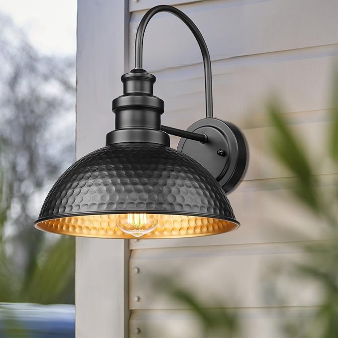 Casia Outdoor Farmhouse Barn Lights, Anti-Rust Outdoor Wall Sconce, Exterior Wall Lights, Front Door Mounted Lighting Fixture,Vintage Gooseneck Lighting for Porch,Garage,Patio (Black, 2 Pack)