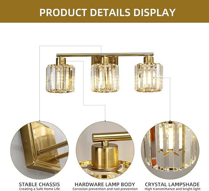 3 Lights Bathroom Vanity Light Fixtures, Modern Crystal Wall Lighting Fixtures, Wall Sconces, Wall Lamp for Over Mirror, for Bedroom Living Room Hallway
