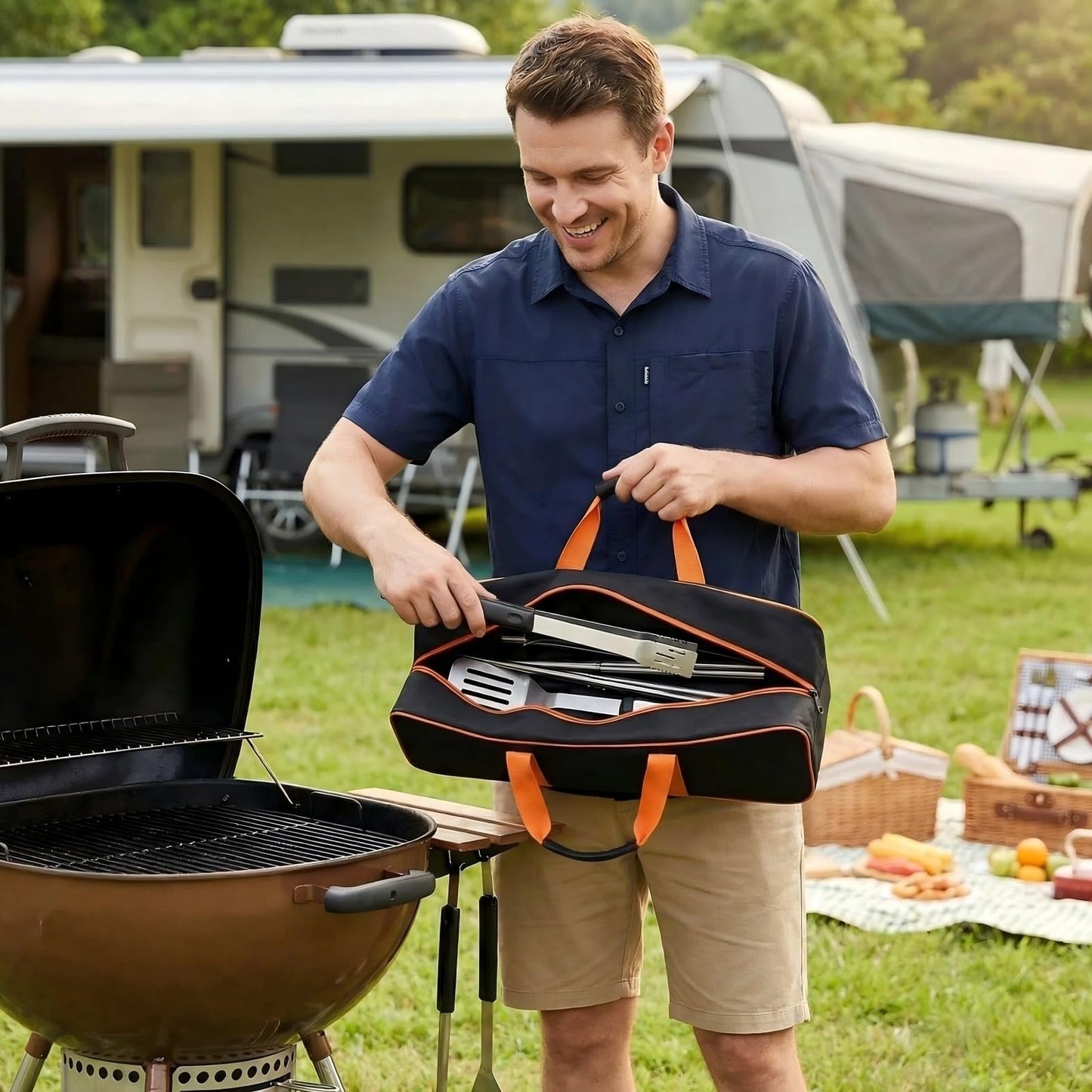Heavy Duty Grill Tool Storage Bag, Large Capacity Grill Accessory Storage, Waterproof Oxford Grill Utensil Storage Compatible with Blackstone for Camping, RV Travel,(Bag Only)