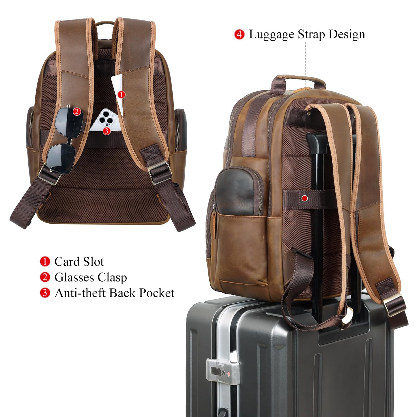 TIDING Men's Vintage Leather Backpack 15.6" Laptop Bag Large Capacity Business Travel Hiking Shoulder Daypacks