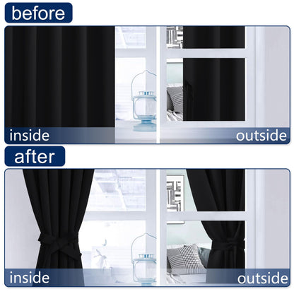 Hiasan Black Blackout Curtains for Bedroom 72 inches Long Rod Pocket Thermal Blackout Curtains Noise Blocking with Tiebacks Halloween Drapes for Living Room,52" x 72",Set of 2