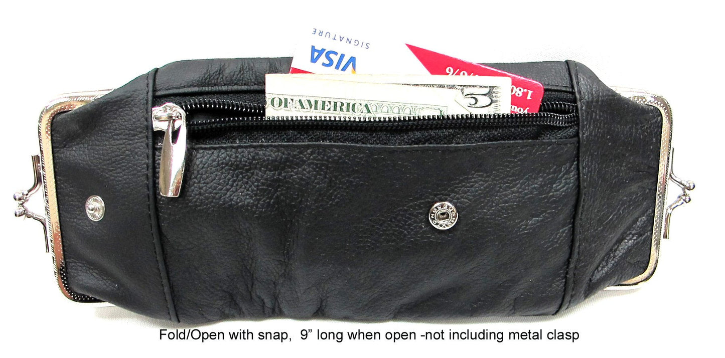 Deluxe Genuine Leather Cigarette and Lighter Case with Zipper Pocket Twist Clasp Kiss Lock Closure Fit 100's - Black