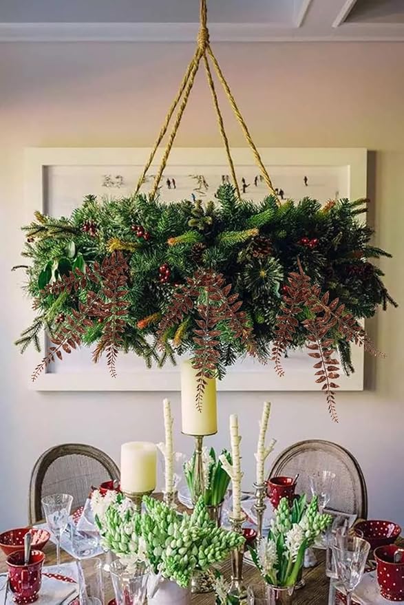 DILATATA 6Pcs Christmas Glitter Leaves Boston Fern Leaves 25" Artificial Bronze Fern Leaf Picks Sprays Giltter Stems for Christmas Tree DIY Xmas Wreath Garland Home Decor - Bronze