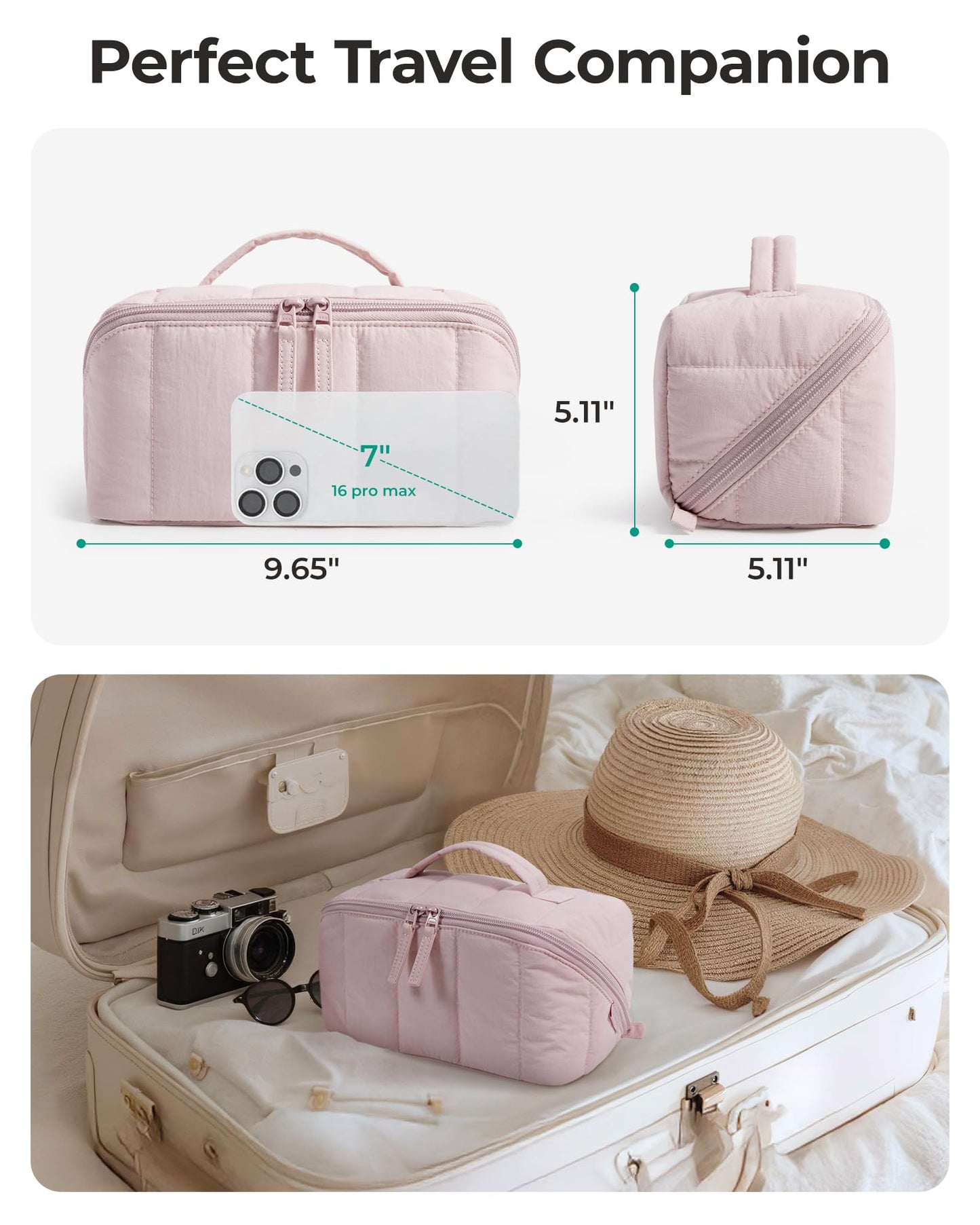 BAGSMART Travel Makeup Bag for Women, Portable Water-resistant Cosmetic Case, Puffy Padded Make Up Organizer Pouch, Open Flat Toiletry Bag for Toiletries, Brushes, Brown
