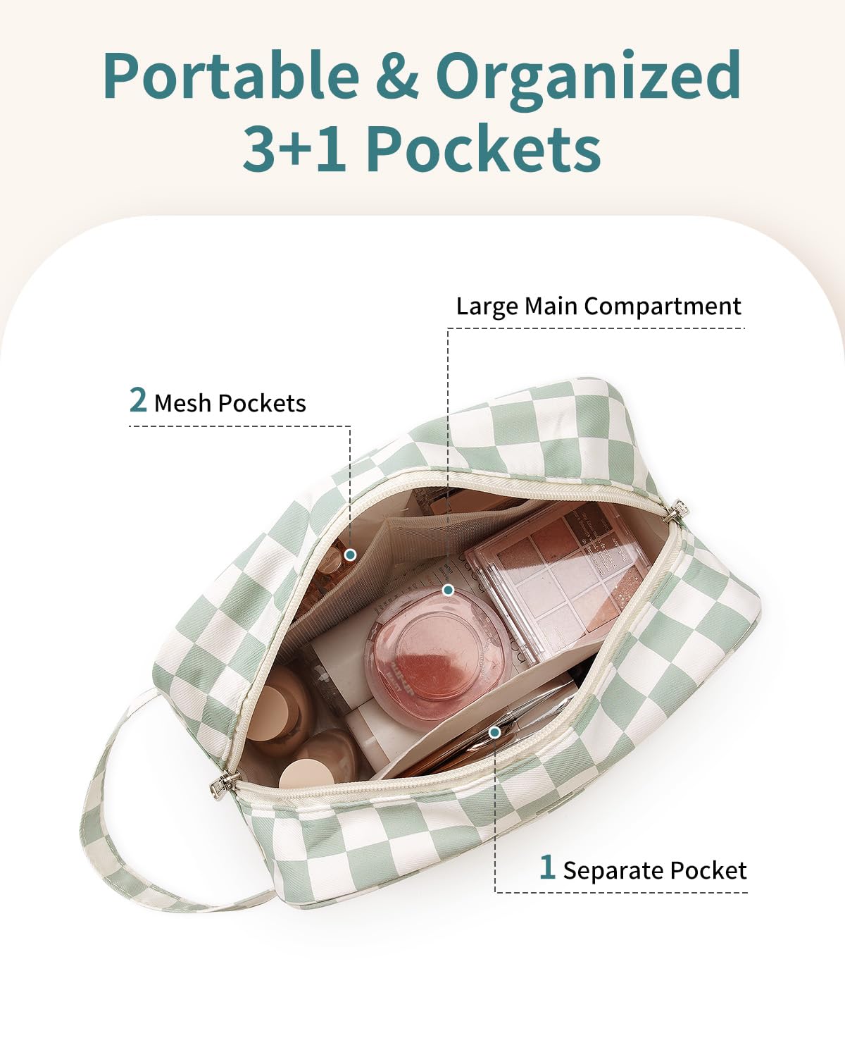 Narwey Travel Toiletry Bag for Women Traveling Dopp Kit Travel Bag for Toiletries Cosmetic Bag Makeup Bag Medicine Bag for Traveling (Mint Green Checkerboard)