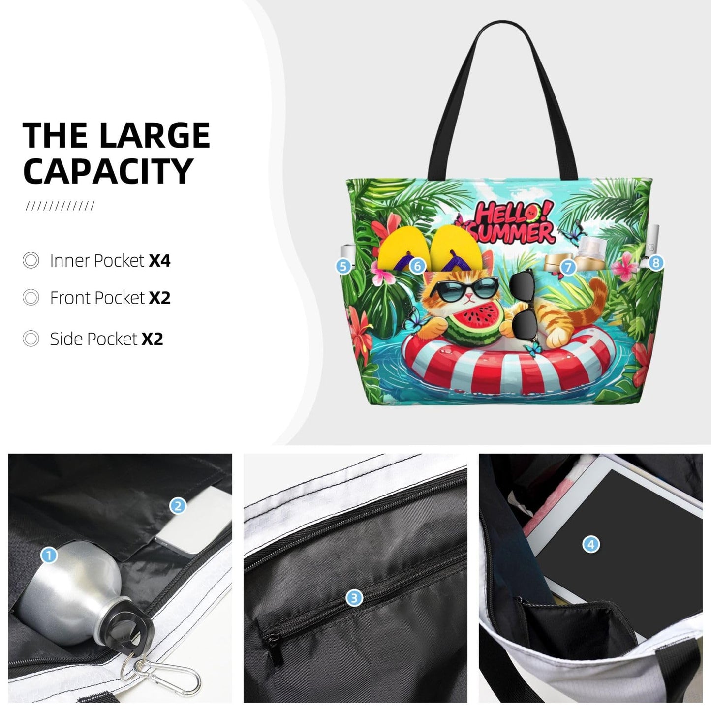 Sylaxfop Extra Large Beach Bag, Waterproof Sandproof Beach Totes Bags With Zipper, Cute Cat Lightweight Foldable Weekender Pool Bags For Women Pool Travel Vacation Gym