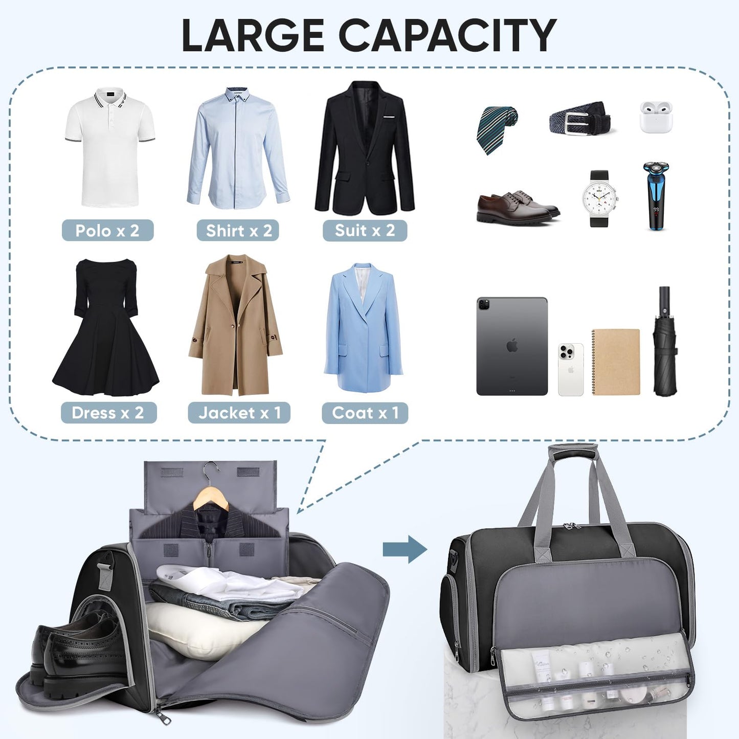 BALEINE Travel Garment Bag, Travel Suit Bag for Men, Water Resistant Carry on Garment Bag for Hanging Clothes, Garment Duffel Bag for Travel Business (Black-Convertible)