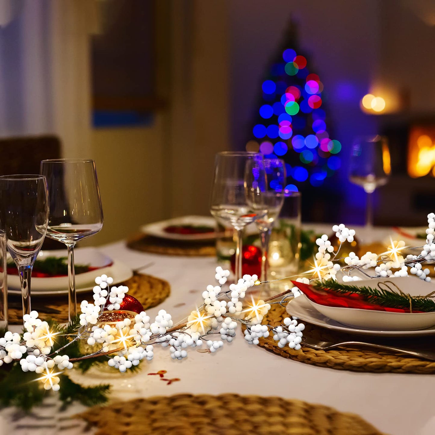Syhood Winter Berry String Garland with Lights Thanksgiving Artificial Lighted Garland for Home Xmas Winter Tree Decor Office Fireplace Mantel Decoration Holiday Valentines, 6 Ft(White, 1 Pc)