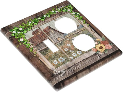 Decorative Light Switch Cover Plate Farm Barn Farmhouse Rustic Country Flower 2 Gang Outlet Covers 1 Toggle 1 Duplex Wall Plate Decorate Electrical Switch Plate Covers for Bathroom Home