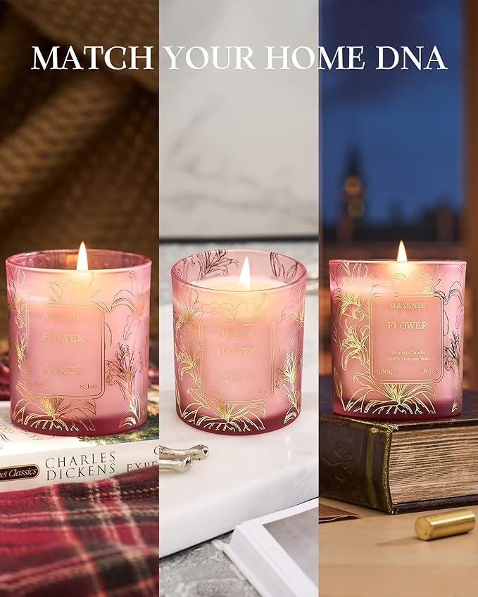 M&SENSE Floral Scented Soy Candles, Wild Peony Subtle Scented Vegan Soy Candle, 8.1oz 42-Hour Long Last Burning Time, No Toxin Bathtub Thanksgiving Christmas Date Night Romance Home Fragrance for Her