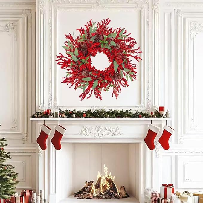 20 inch red Berry Christmas Wreath for Front Door，Used for Wall, Window, Porch, Farmhouse, Indoor and Outdoor Home Decoration