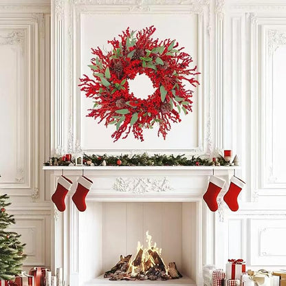 20 inch red Berry Christmas Wreath for Front Door，Used for Wall, Window, Porch, Farmhouse, Indoor and Outdoor Home Decoration