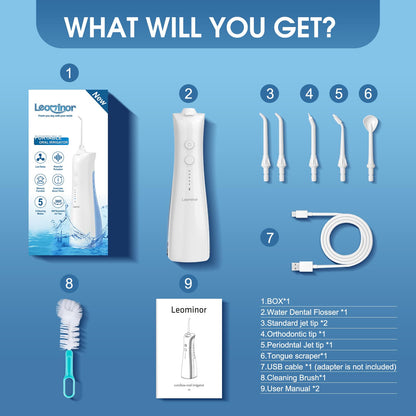 Leominor Water Dental Flosser - 5 Modes Cordless Portable Oral Irrigator, IPX7 Waterproof, Rechargeable Teeth Cleaner Upgrade Datchable Tank Professional Flossing Cleaning Pick for Home Travel (Black)