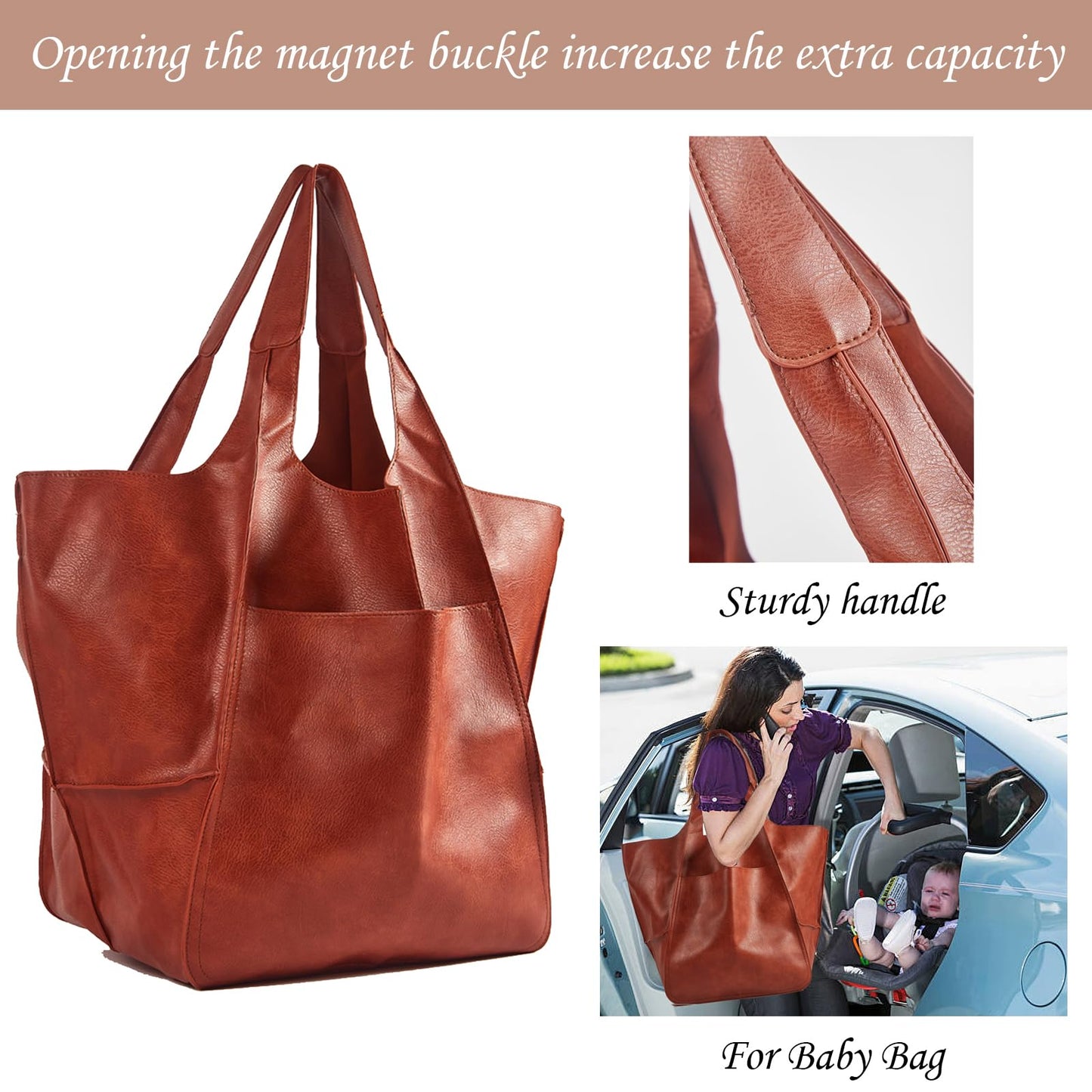KlaOYer Oversized Leather Tote Bag Huge Capacity Work Hobo Pu Leather Bucket Purse And Handbag Large Soft Travel Shopping Bag (Brown Leopard)