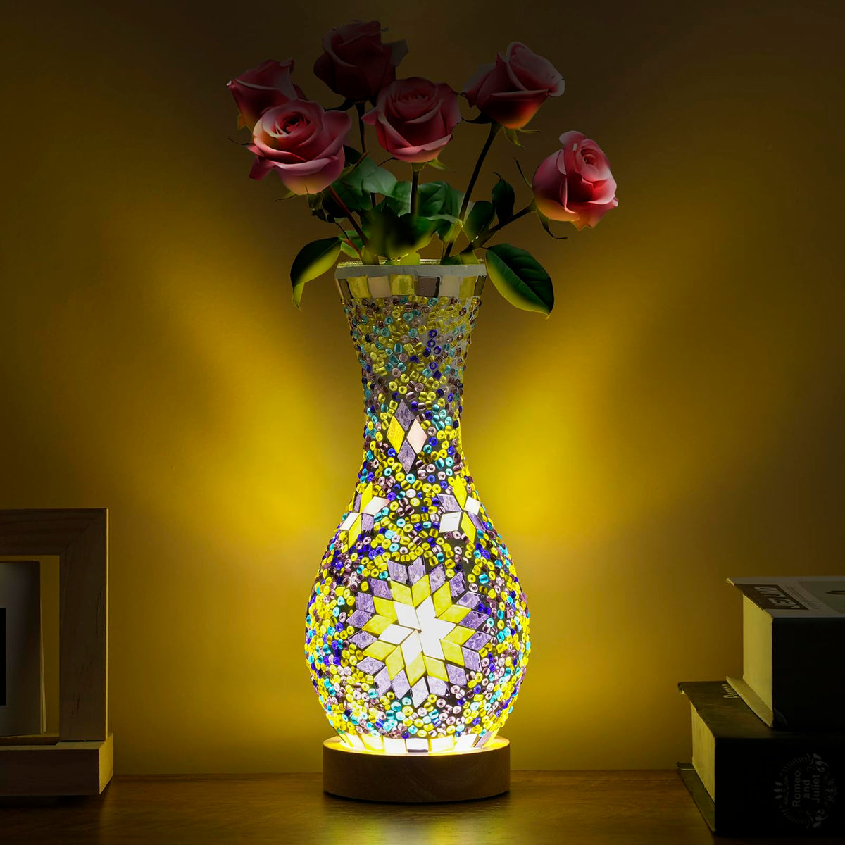 JAITAIK Stylish Turkish Mosaic Table Lamp Glass Vase Light with USB Power for Living Room or Bedroom Decoration