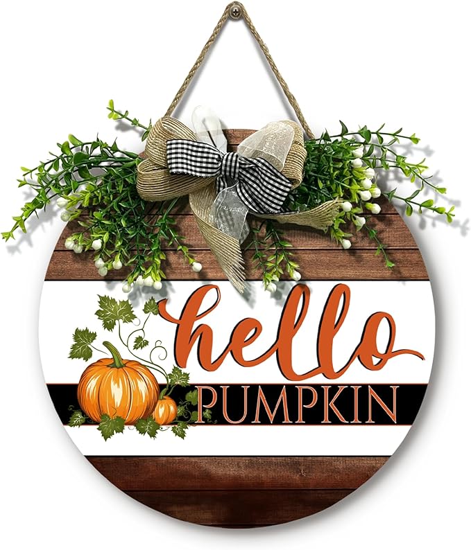 Hello Pumpkin Sign for Front Door Fall Rustic Harvest Hanging Sign With Bow and Wreath Thanksgiving Welcome Wood Sign Door Signs for Farmhouse Autumn Home Porch Wall Holiday 12 Inch
