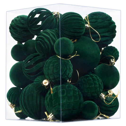 Waipfaru 38Pcs Velvet Ornaments for Christmas Tree Dark Green Flocked Christmas Ornaments Shatterproof Hanging Ball Set for Xmas Winter Holiday Decorations in 3 Sizes(Large Medium Small)