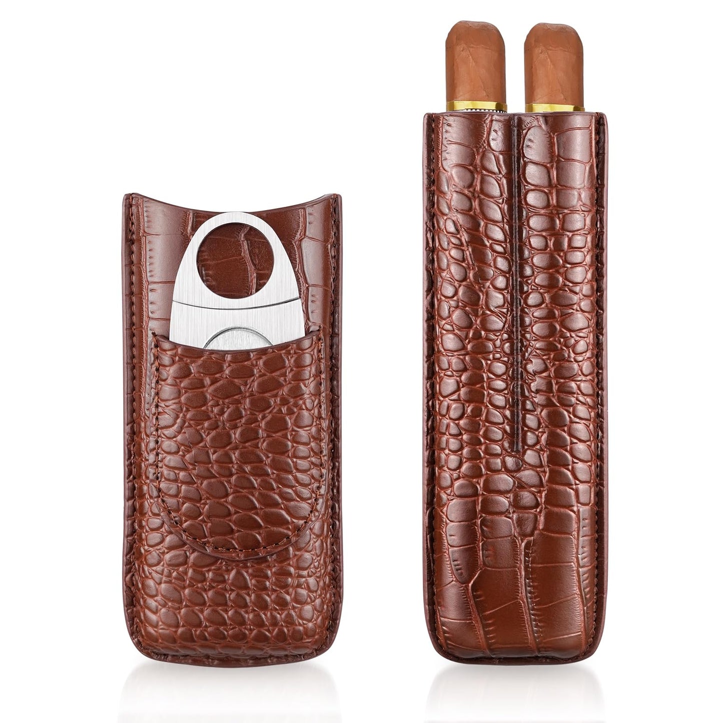 cgaplus 2-Finger Cigar Case with Cutter Crocodile Pattern Leather Cigar Humidor Case Portable Travel Cigar Case for Men(Brown)