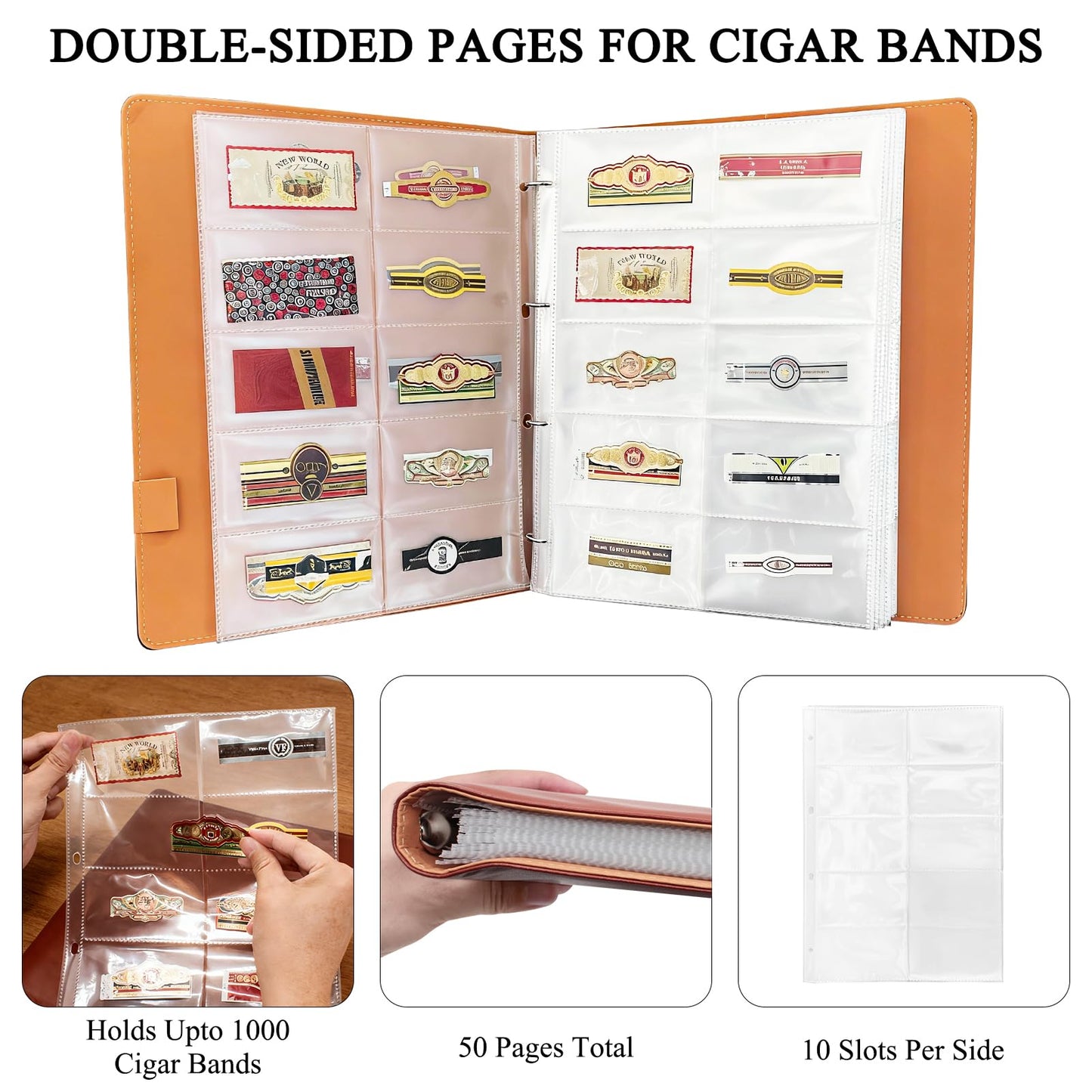 Cigar Label Album Binder, 50-Sheet Refillable Collector Book Holds 1000 Cigar Bands, PU Leather Hard Cover Cigar Label Storage Organizer, 12.6" x 10.6" Durable Display Folder for Cigar Lovers