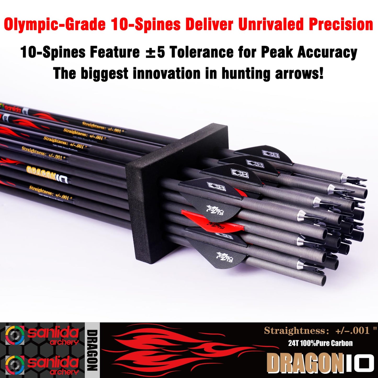 sanlida Dragon 10 100% Pure Carbon Hunting Arrows for Compound Bow, Olympic-Grade 10-Spine Precision, ±0.001" Straightness, 32" Carbon Arrows, 24 Pack (330 Spine)
