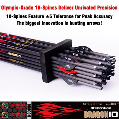 sanlida Dragon 10 100% Pure Carbon Hunting Arrows for Compound Bow, Olympic-Grade 10-Spine Precision, ±0.001" Straightness, 32" Carbon Arrows, 24 Pack (330 Spine)