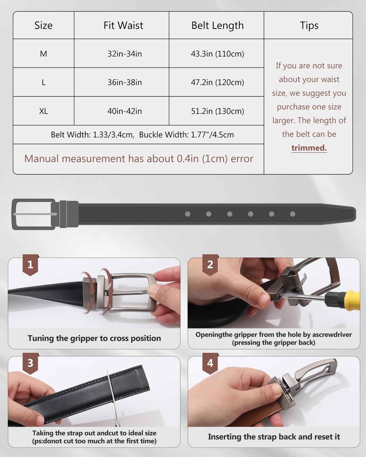 AWAYTR Men Reversible Leather Belt - 1.33'' Wide Genuine Leather Dress Belt for Casual and Business Wear, Grey Buckle, Black/Brown,Fit Waist 36''-38''