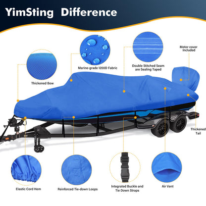 YimSting 1200D Waterproof Boat Cover - Fits 17' to 19' ft Bass, V-Hull, Tri-Hull, Fish & Ski, Runabout Bowrider Boats - Heavy Duty Canvas Blue