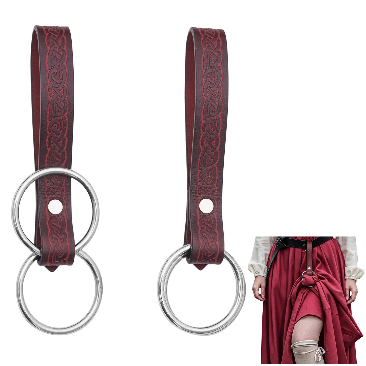 Lord of Battles 2pcs Skirt Hikes – Handmade 100% Full Grain Leather Waist Skirt Hoops Accessory for Renaissance, Cosplay (Maroon)