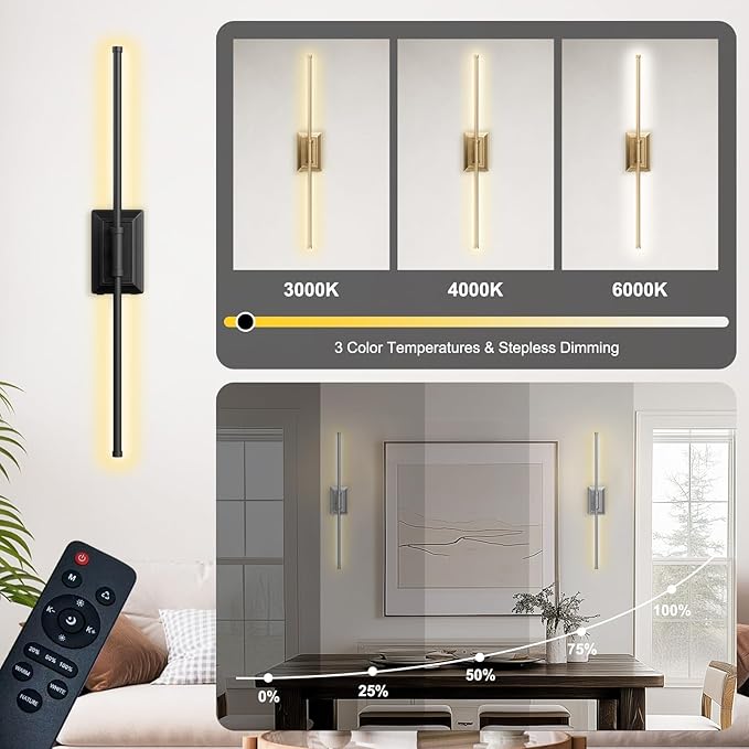Battery Operated Wall Light Set of 2 - Black Picture Wireless Led Plug In Walls Sconce Fixture Indoor - Art Decor Bathroom Sconces Rechargeable - Modern Bedroom Cordless Lights Fixtures with Remote