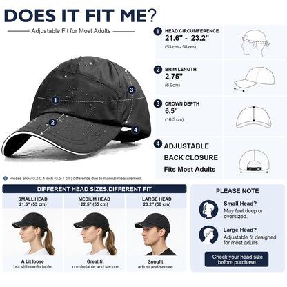Waterproof Baseball Cap for Men Women UPF 50+ Reflective Quick Dry Running Hat Breathable Rain Golf Cap with Sweatband Black