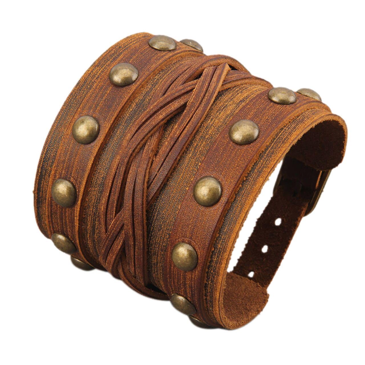 Jeilwiy Leather Cuff Bracelet for Men Multi Strap Leather Bracelet Mens Leather Wristband Brown Wrist Wrap Bracelet Wide Nordic Viking Bracelet
