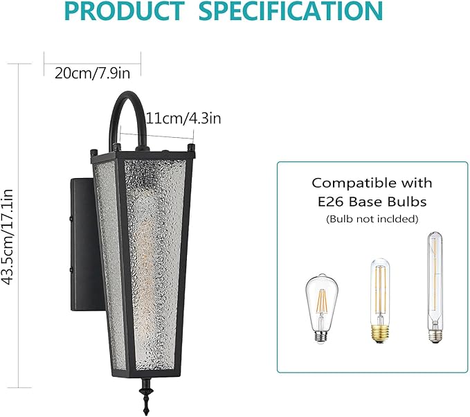 Outdoor Wall Light, Black Metal Sconce, 17.1in Exterior Waterproof Lantern with Clear Glass, Farmhouse Porch Wall Mount Lighting for Garage, Patio, Front Door