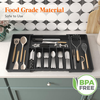 Lifewit Silverware Drawer Organizer, Expandable Utensil Tray for Kitchen, BPA Free Flatware and Cutlery Holder, Adjustable Plastic Storage for Spoons Forks Knives, 8.5"-14.1" x 12.1", Black