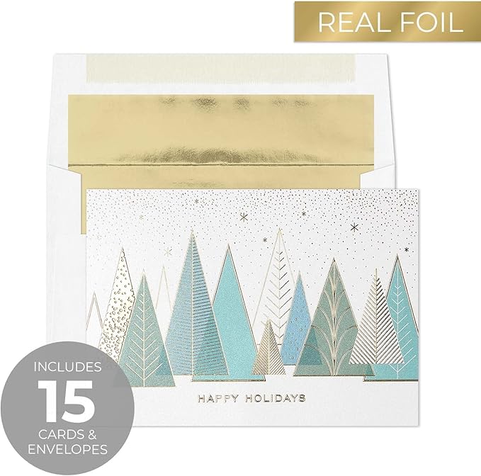 Masterpiece Contemporary Trees Gold Foil Holiday Cards / 15 Boxed Modern Christmas Cards With Shiny Foil Lined Envelopes / 5 5/8" x 7 7/8" Folded Winter Greeting Cards With Inside Verse