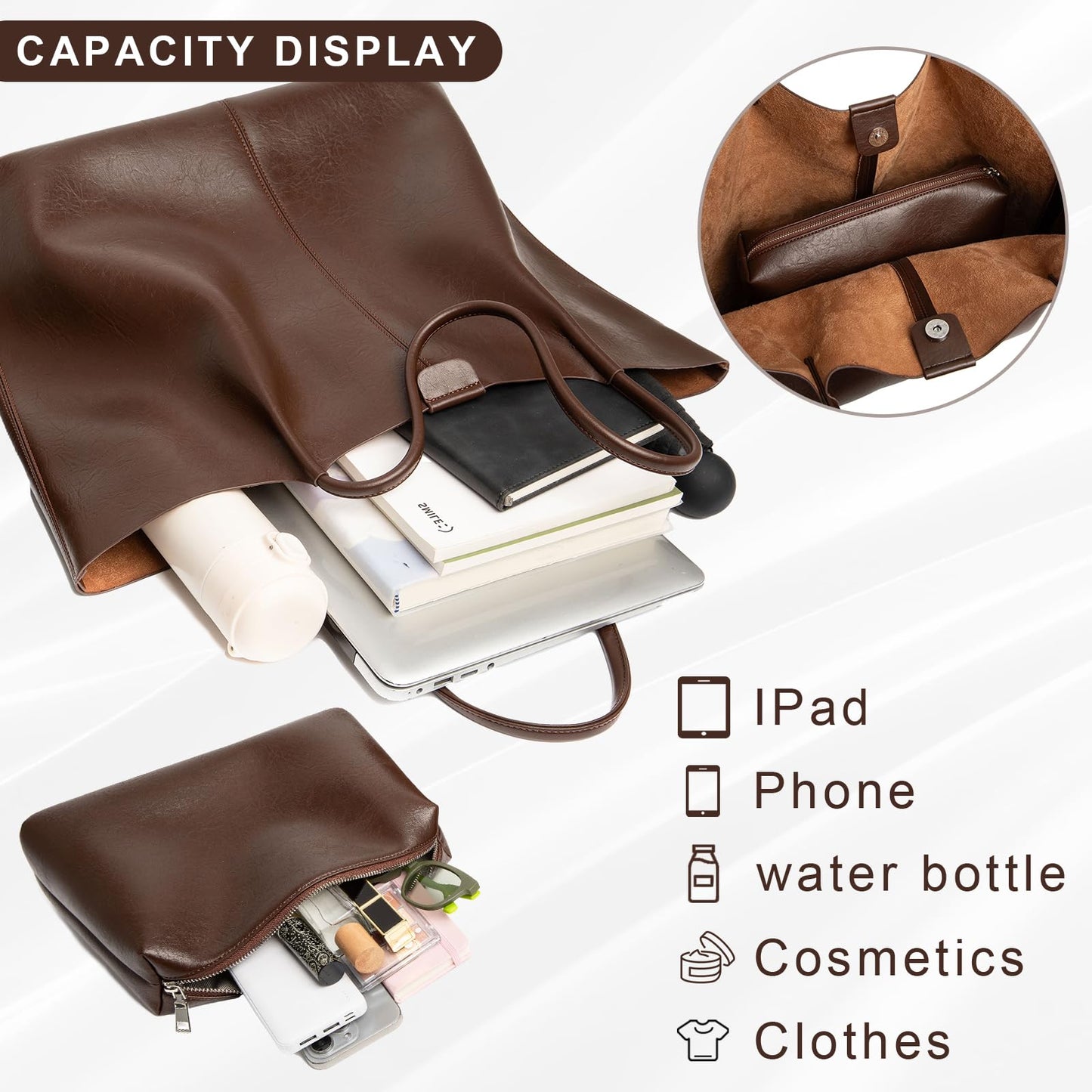 Tote Bag For Women Large Capacity Soft Leather Purse With Interior Pouch Multi-Use For Daily Commute Work Travel (Coffee-L)