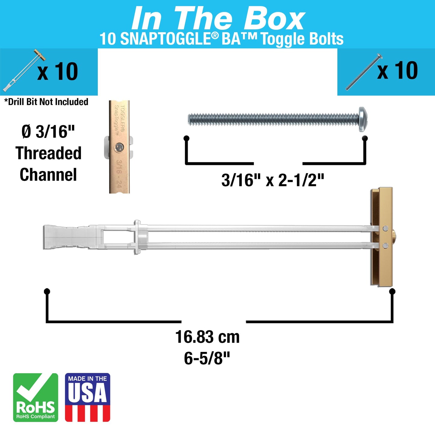 TOGGLER SNAPTOGGLE Heavy-Duty Drywall Toggle Bolt – 3/16"-24 UNC Zinc-Plated Anchor for Hollow Walls, Plaster & Tile – Holds 238 lbs in 1/2" Drywall, Easy Install – 10 Pack (with Bolts)