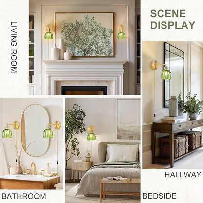 Plug in Wall Sconce, Vintage Sconce Light with Tulip Green Glass Lampshade, 180° Adjustable Wall Sconce with Switch and Plug in Wall Lamp Cord, Gold Wall Light for Bedroom Bedside