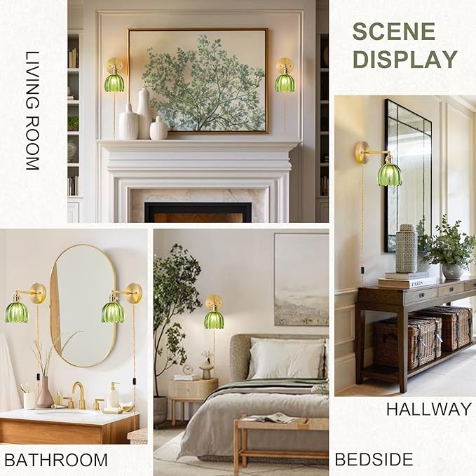 Plug in Wall Sconces Set of 2, Vintage Wall Sconce Light with Tulip Green Glass Lampshade, 180° Adjustable Wall Sconce with Switch and Plug in wall lamp Cord, Gold Wall Light Wall Decor Set of 2