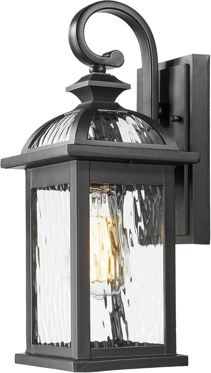 Outdoor Porch Lights Wall Mount Matte Black Outdoor Wall Lamps with Water Ripple Glass 15 Inch Large Aluminum Exterior Lighting Fixtures for Garage Front Door E26 Socket