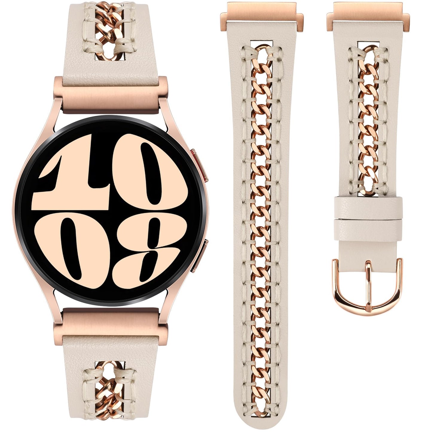 Minyee Leather Band Compatible with Samsung Galaxy Watch 7/6/5/4/FE/Active 2 40mm 44mm/Watch 6 Classic 43mm 47mm/Watch 5 Pro 45mm Bands, 20mm Dressy Leather Strap with Metal Chain, Starlight/Rose Gold