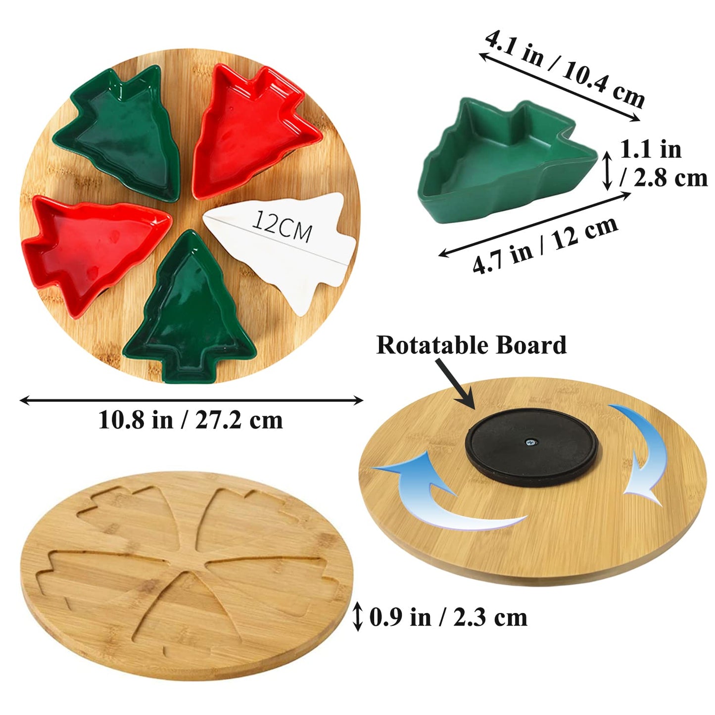 Rotatable Colorful 10.8 Inches 5pcs Christmas Tree Plates Chip & Dip Set Ceramic Snack Plate with Bamboo Tray, Round Removable Porcelain Appetizer Dessert Fruit Salad Saucer Bowls Cutlery Platter Dish