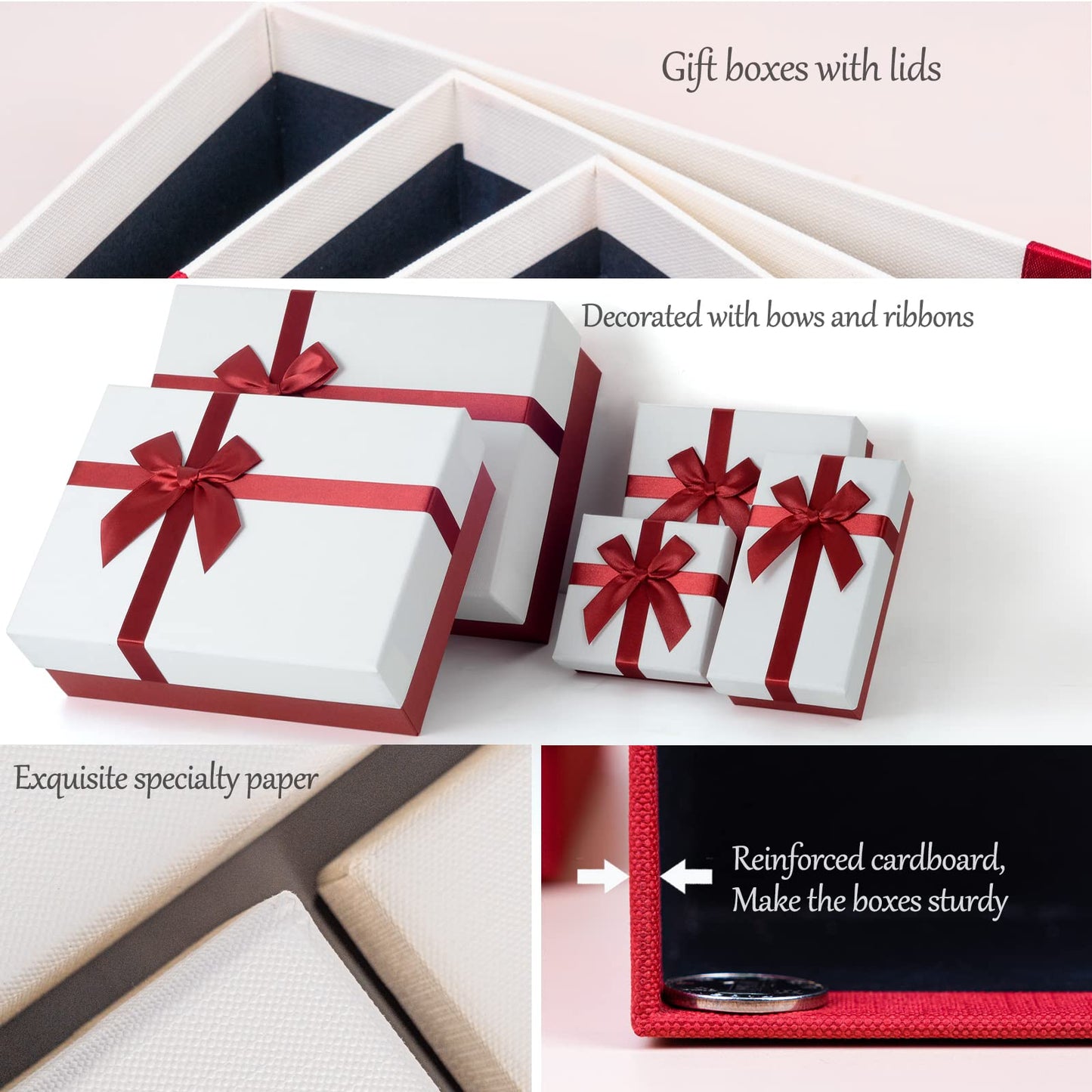 Eerbaier Gift Box for Present, Set of 5 Gift Boxes with Lids, Sturdy and Elegant Boxes for Gifts, Red Gift Boxes with Ribbon for Birthday, Anniversaries, Weddings, etc.(Red/White)