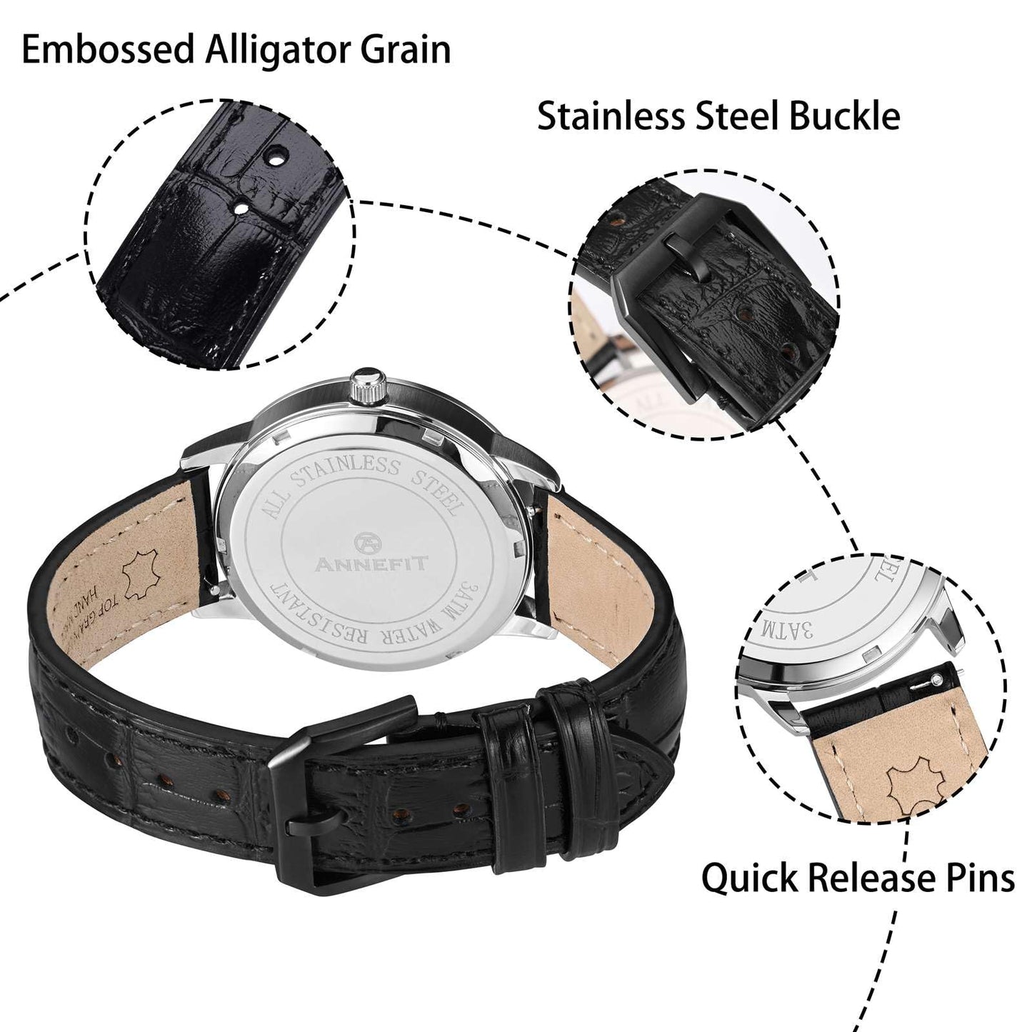 ANNEFIT Quick Release Watch Band, Embossed Alligator Grain Leather Watch Strap with Black Buckle, Replacement Bands Width 16mm (Black)