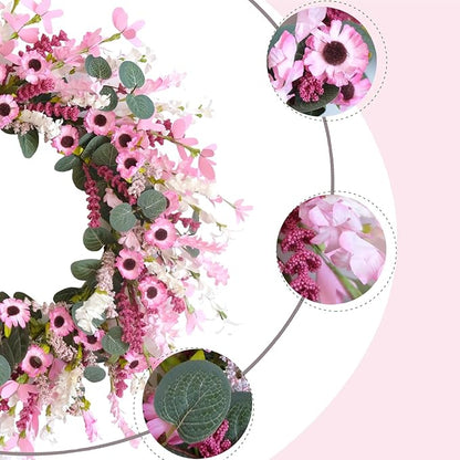 Idyllic 18 Inch Pink Daisy Wildflowers Spring Summer Wreath for Front Door, Pink Lavender Eucalyptus Leaves for Valentine Wedding, Faux Flower for Indoor and Outdoor
